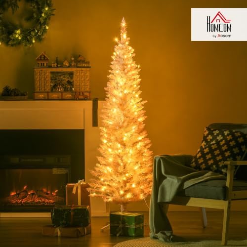 HOMCOM 5' Tall Pre-Lit Slim Artificial Pencil Christmas Tree 294 Tips Pink