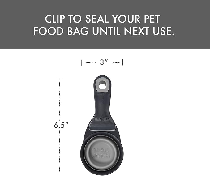Dexas Popware for Pets Collapsible Klip Scoop, 3-in-1 Pet Food Scoop, Measuring Cup and Bag Clip, 1/2 Cup Capacity, Light Gray