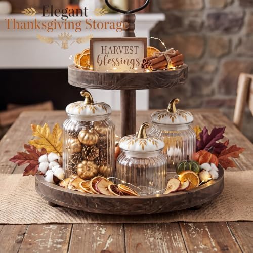 Mimorou 3 Set Fall Pumpkin Glass Jar with Pumpkin Airtight Ceramic Lid 44 oz 33 oz 22oz Clear Candy Jar Food Storage Canister for Thanksgiving Party Tea Cookie Table Decoration (White and Gold B)