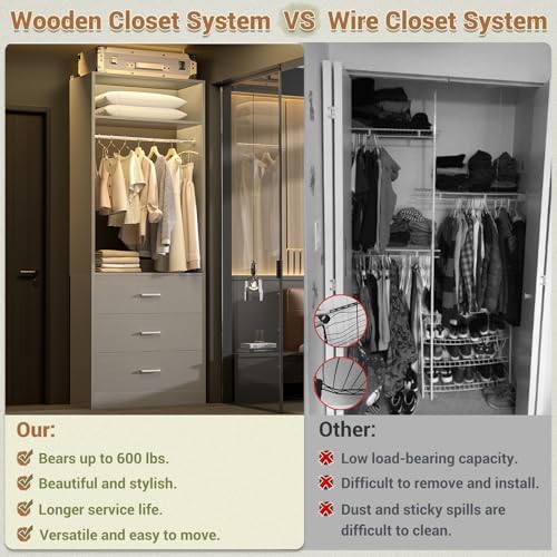 Besiost Freestanding Closet System with 3 Drawers, Wood Closet Organizer