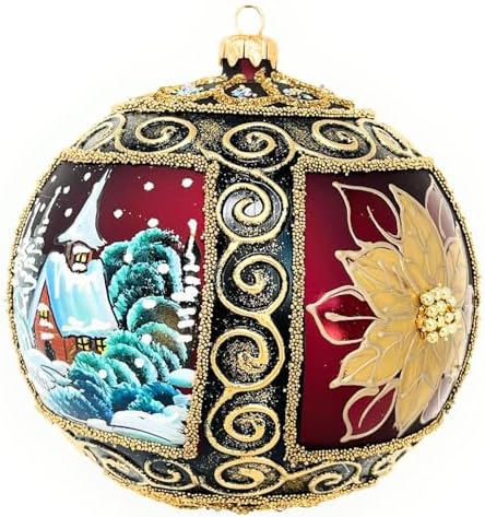 Hand Blown Glass Ball Christmas Ornament, 6 in, Winter Charm Burgundy