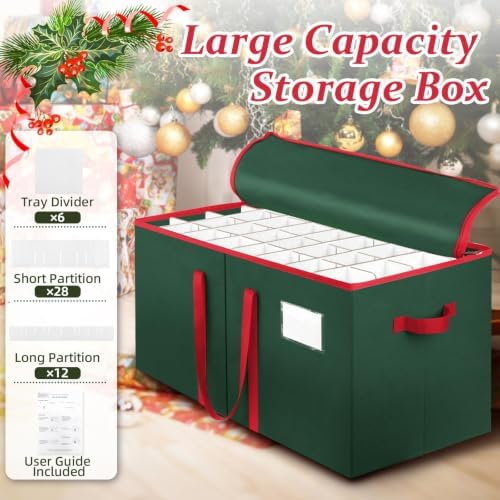 SeasonBliss Christmas Ornament Storage Box, Large Holds 128 Balls, Green