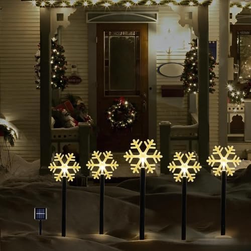 5 Pack Christmas Solar Pathway Lights, Snowflake Outdoor Decorations