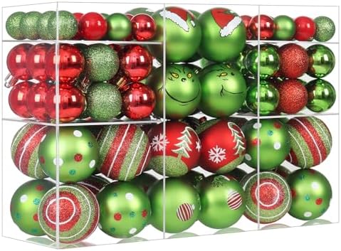 100 Pcs Christmas Ornaments Set for Tree, Red and Green Xmas Decorations, Shiny and Glitter Assorted Shatterproof Hanging Balls Decor Baubles Set for Party/Home/Garland/Wreaths