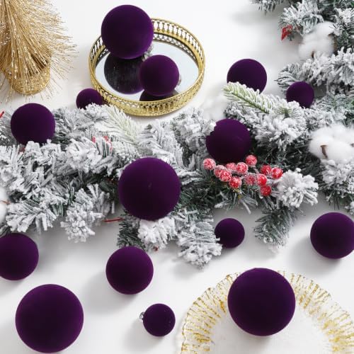Purple Velvet Christmas Ball Ornaments-46pcs Flocked Xmas Tree Decorations