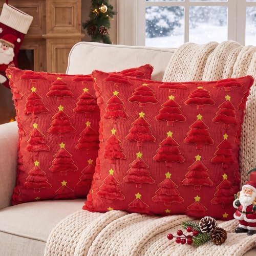 Softalker Christmas Pillow Covers 18x18 Set of 2, Red Winter Home Decor