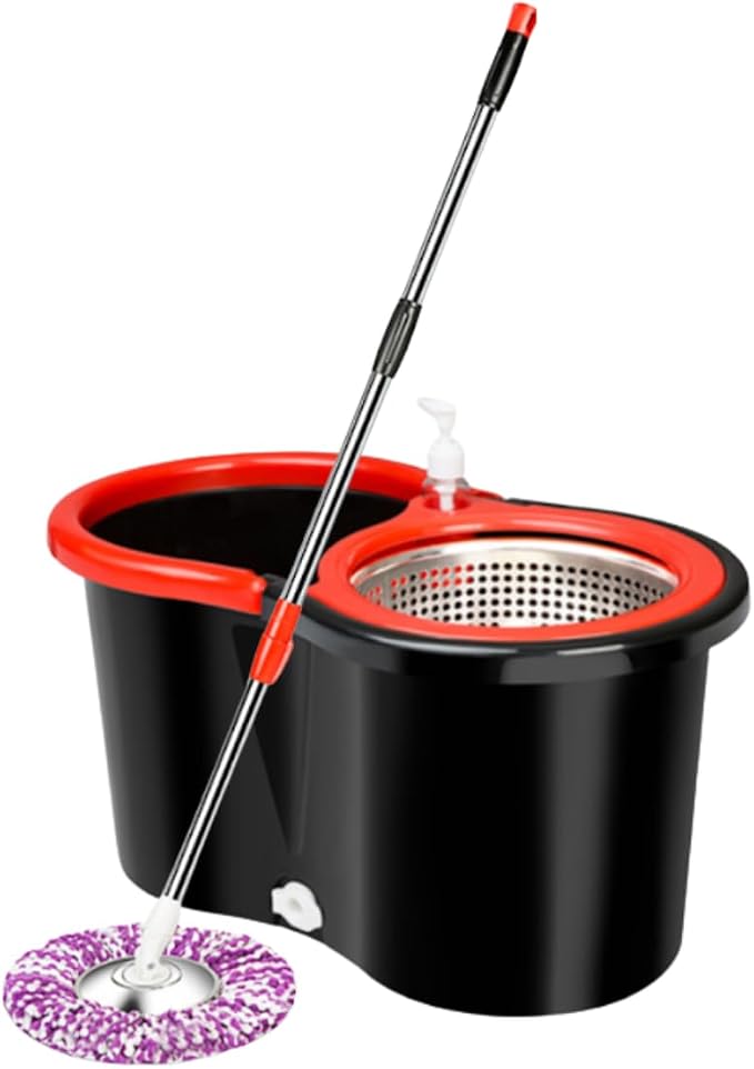 Spin Mop & Bucket Set with 2 Microfiber Mop Heads – 360° Rotating Stainless Steel Handle, Telescopic Pole (90–120cm), Hands-Free Cleaning System – Multi-Surface Floor Mop for Home & Office