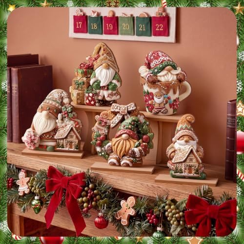 RattanView 5 Pcs Gingerbread Christmas Table Decorations Wooden Ginger Bread Gnome Decor Christmas Table Centerpiece Ginger Bread Village Decorations Xmas Gnome Tiered Tray Decor with Base for Home