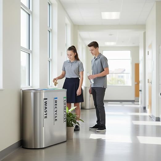 33 Gallon Stainless Steel Triple Stream Indoor Recycling Station, 3 Compartment Waste Sorting Bin with Separate Trash Recycle Compost Sections, Commercial Decorative Waste Container