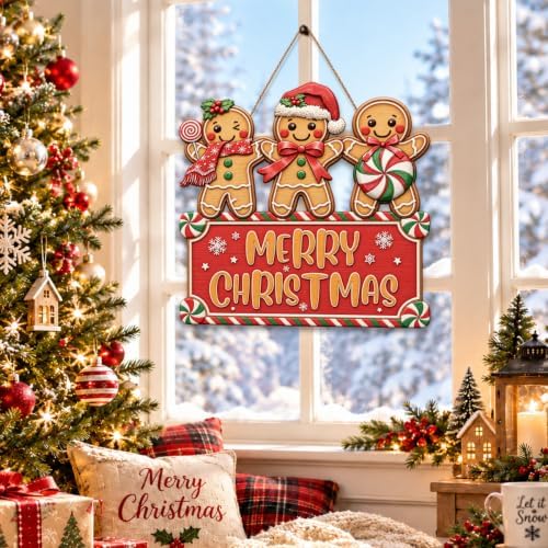 Christmas Decorations Gingerbread Trio Merry Christmas Hanging Wooden Sign