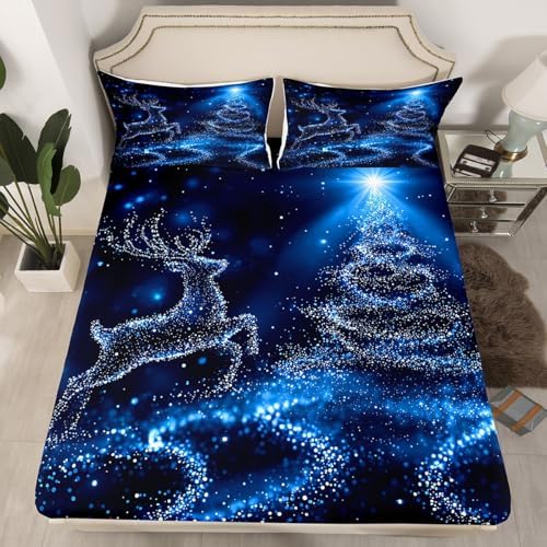 Castle Fairy Christmas Tree Sheet Set Kids Boys Girls Glowing Reindeer Fitted Sheets Set Full Size Bedding Sheet Sets Includes 1 Flat Sheet,1 Fitted Sheet,2 Pillowcases