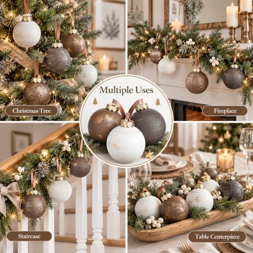 Yunlly 12 Pcs Neutral Christmas Ornament, Bronze Taupe Ivory, 3.15''