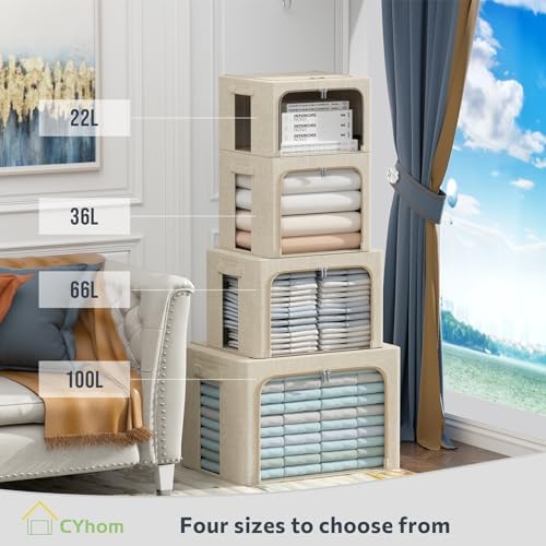 Clothes Storage Bins with Metal Frame, Clear Windows, 22L, Beige, 2-Pack