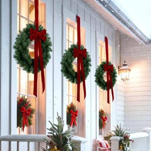 Roowest 6 Pack 12'' Christmas Window Wreaths Decorations & Red Velvet Bow