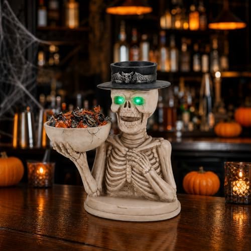 Halloween Skeleton Candy Bowl and Candle Holder with Glowing Eyes