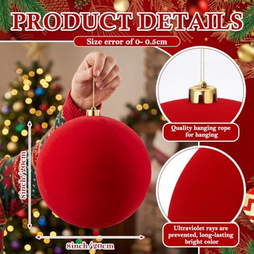 Threan 8 Inch Large Red Velvet Christmas Ball Ornaments for Christmas Tree