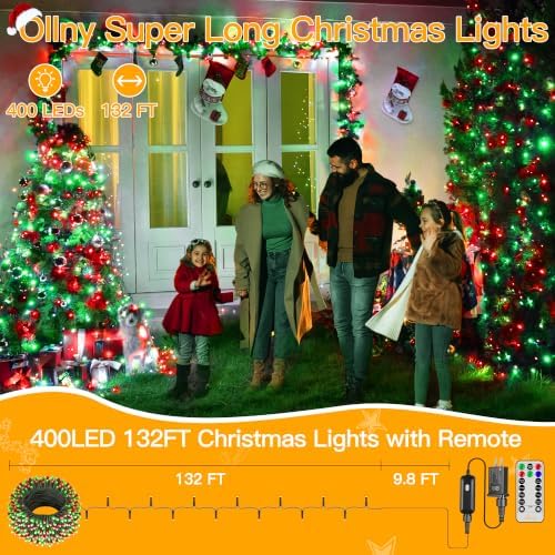 Ollny Christmas Tree Lights 400LED 132FT, Green & Red, with Remote & Timer