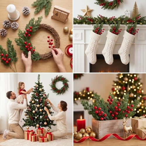 30Pcs Christmas Artificial Pine Branches with Red Berry Stems