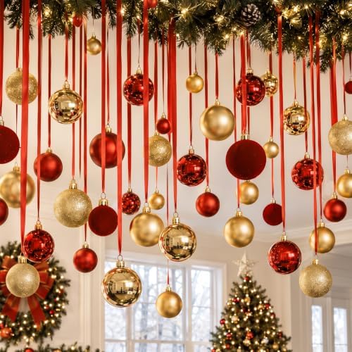 Halloscume 78 Pcs Christmas Ball Ornaments Ceiling Hanging Decor, Gold Red