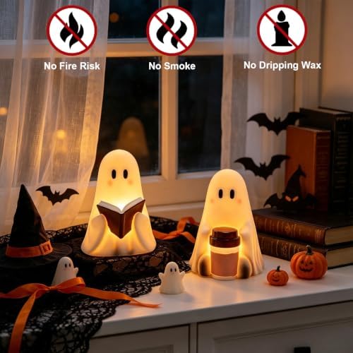 Wondise Cute Ghost Halloween Flameless Candles with 6hrs Timer