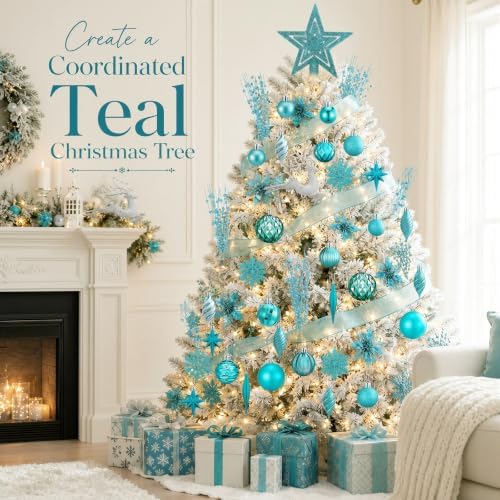 CroBlissful 118 Pcs Teal Blue Christmas Tree Decoration Set Including Ornaments Ball, Mesh Ribbon, Snowflakes Icicle, Tree Top Star, Deer, Flower, Berries Stem Teal Christmas Decoration for Xmas Trees