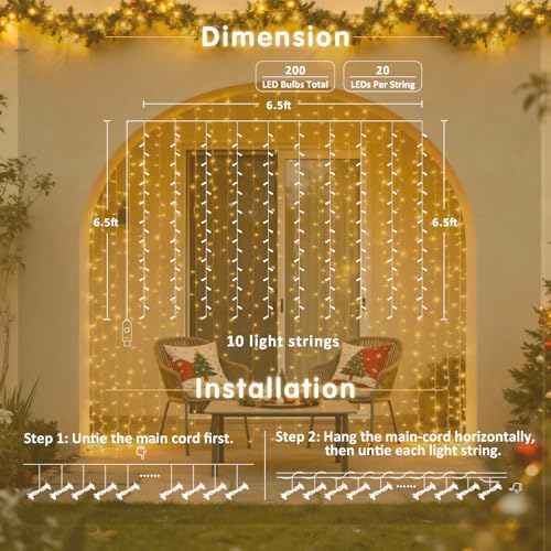 JMEXSUSS USB Plug in Curtain Lights 200 LED with 8 Modes, 6.5ftx6.5ft