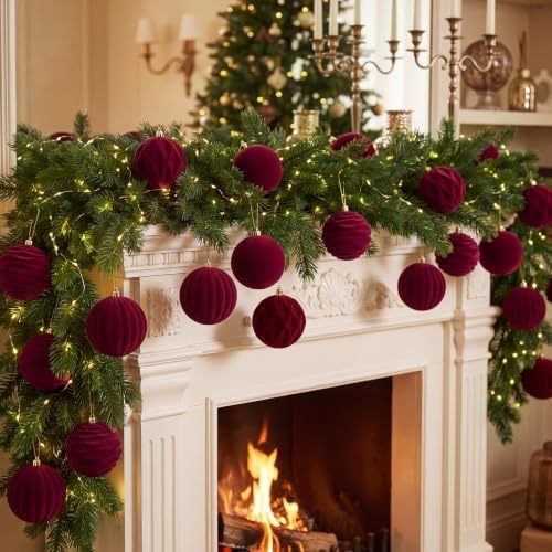 Liliful 3.15 Inch 12 Pcs Velvet Christmas Ornaments Balls, Burgundy Red