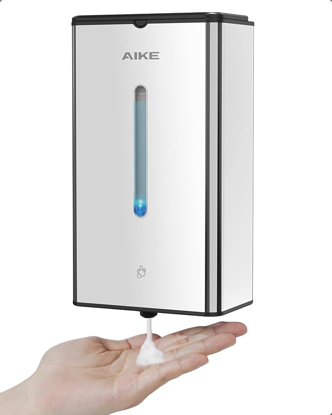AIKE Automatic Foaming Soap Dispenser 33.8oz for Bathroom,Polished AK1207FA | Rich Foam and Steel Finish,5-Level Adjustable and Key for Commercial(Battery Not Included),Screw Wall Mount for Space-Saving