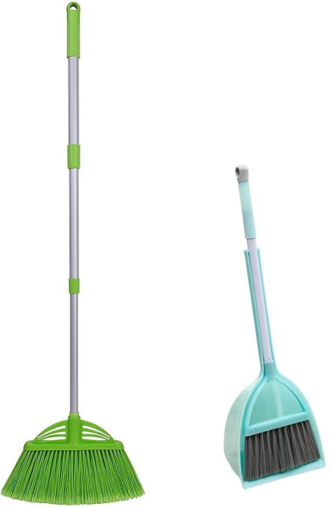 Mini Broom and Dustpan and Telescopic Rod Long Handle Broom, Camping Cleaning Tools, Light Blue and Green