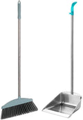 Broom and Dustpan Set with Long Handle for Home, Heavy Duty Stainless Steel Dustpan with Broom, Upright Standing Dust Pan for Sweeping Kitchen and Home Kitchen Office Lobby Flool,A