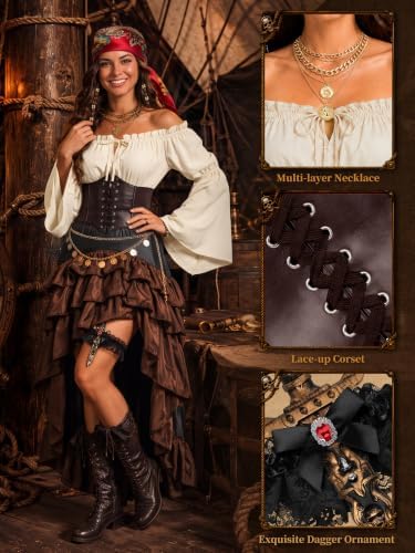 SOMSOC Pirate Costume Women Outfit with Renaissance Pirate Shirt Skirt Corset Waist Belt Accessories Set for Halloween