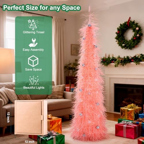 Christmas Tree 6FT Artificial Xmas Decor Pop Up with Decoration Pink