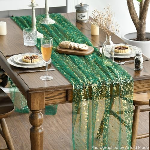 Artoid Mode 2-Pack Green Gold Gauze Table Runner 10FT, Glitter Metallic Foil Sheer Dining Wedding Anniversary Holiday Table Decor for Home Party