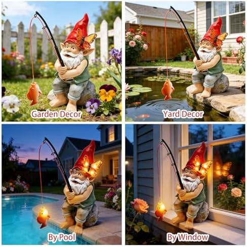 Solar Garden Gnome Statues, Outdoor Fishing Gnome with Butterfly Solar Lights Waterproof, Birthday Gifts for Mom Women Christmas Mother's Day, Garden Figurines for Yard Decor Patio Lawn Ornaments