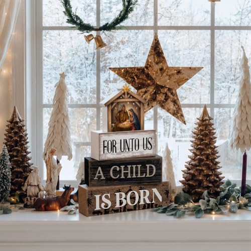 Moucuny 4 Pcs Christmas Table Decoration Christian Wooden Stacked Blocks