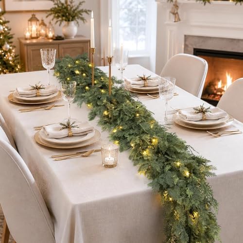 Pre-Lit Christmas Garland 6FT Decorations Real Touch Cedar Cypress Pine Greenery Artificial Green Christmas Garland with Lights for Mantle, Fireplace, Table, Stairs, Door, Indoor Outdoor Decorations