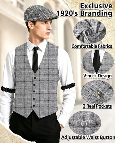 1920s Mens Costume, Roaring 20s Costumes for Men 1920s Mens Outfit with Walking Cane Vest Hat 1920 Mens Accessories