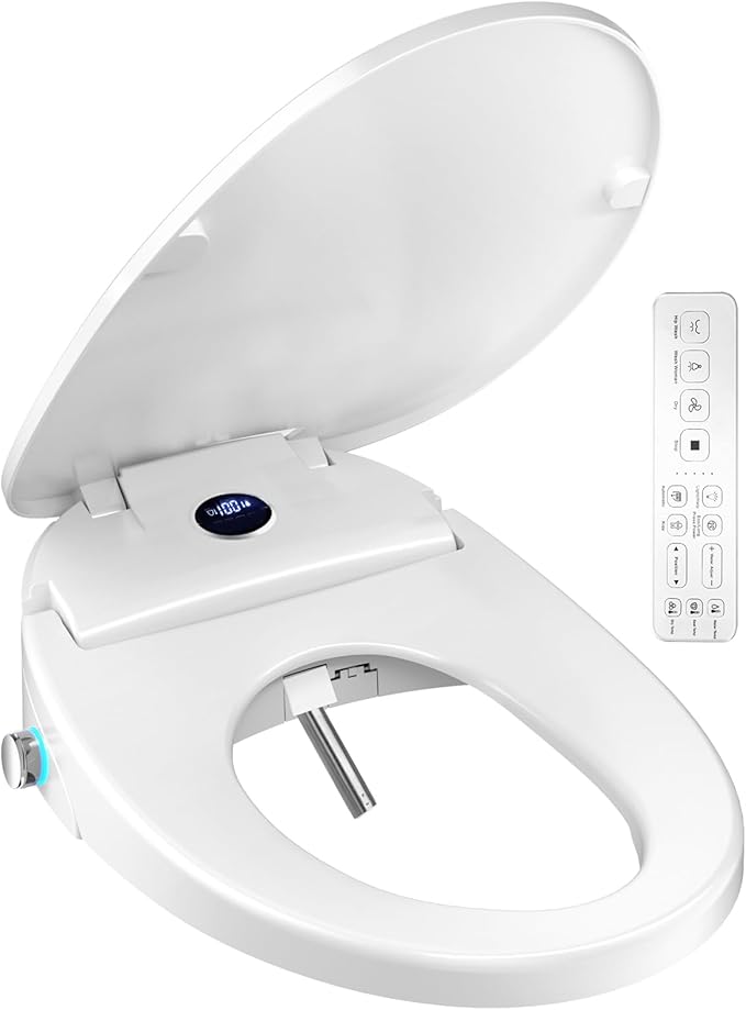 XCQQ Bidet Toilet Seat, Bidet Seat with Remote Control, Warm Water Wash, Heated Seat, Air Dryer, Soft Close Lid, Night Light, Self Cleaning Nozzle, LED Display, Requires Outlet - Elongated