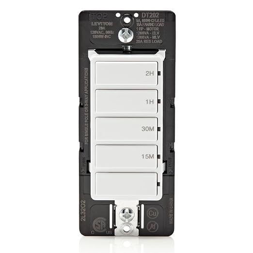 Leviton Countdown Switch for lights, attic, heaters, pool pumps, 15-30 min, 1-2 hour, Neutral Wire Required, 20A, 1 HP/16A Fan/Motor, Single Pole, Multi-Way or Multi-Timer, DT202-1LW, White