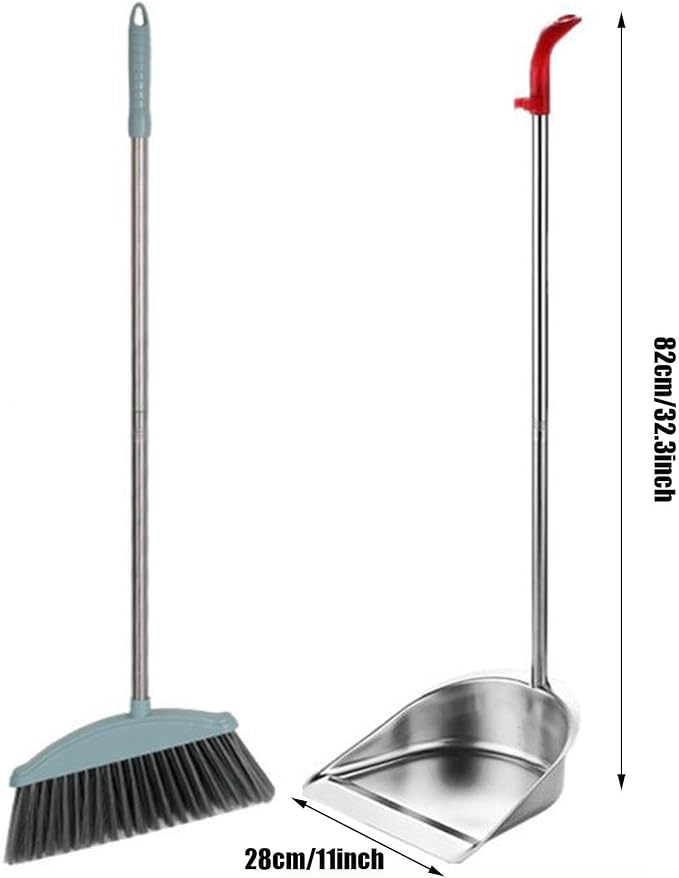 Broom and Dustpan Set with Long Handle for Home, Heavy Duty Stainless Steel Dustpan with Broom, Upright Standing Dust Pan for Sweeping Kitchen and Home Kitchen Office Lobby Flool,B