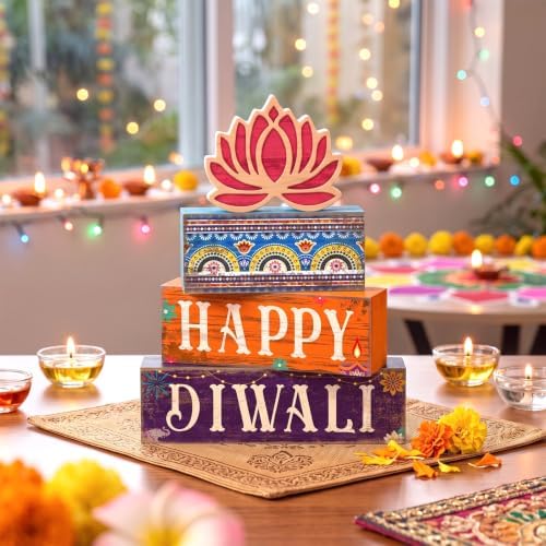 Lineshading 4 Pcs Diwali Table Decoration, Happy Diwali Lotus Wood Sign