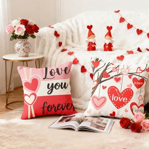 OHOME Valentines Day Decorations -Valentine's Pillows Covers 18x18 Inch Heart Throw Pillows - Valentines Decor Party Favors Supplies Accessories Indoor Outdoor for Galentines Day Home Couch Office