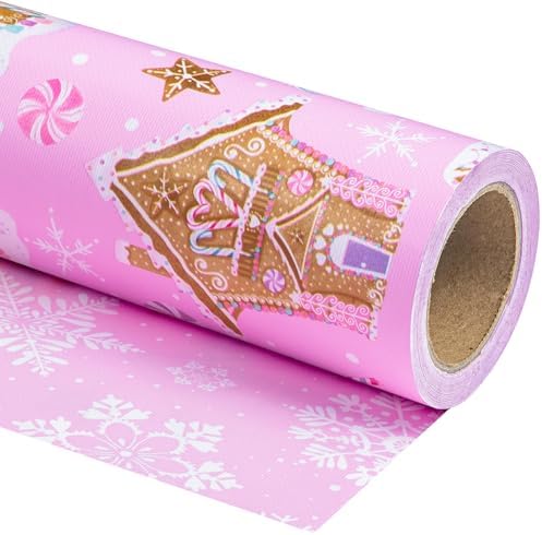 WRAPAHOLIC 30 Inch Jumbo Reversible Gingerbread Christmas Wrapping Paper - 30 Inch x 100 Feet Jumbo Roll Pink Gingerbread House and Snowflake with Embossed for Christmas, Holiday, Party Celebration