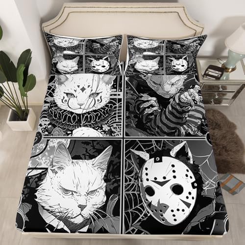 Cat Illustration Bed Sheet Queen Size Cartoon Cat Sheets Sets Adults Bedroom Decor Horror Style Microfiber Bedding Set with Flat,Fitted Sheet,2 Pillow Cases