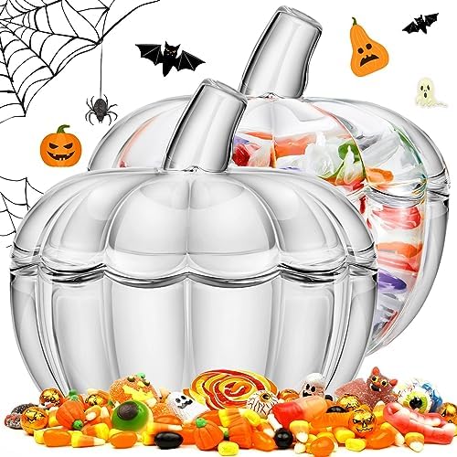2 Pcs Glass Pumpkin Candy Jar with Lid Halloween Fall, 70 Oz,70 oz, Clear