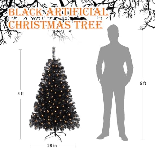 5FT Pre-Lit Black Christmas Tree Small Halloween Tree 200 Warm Lights