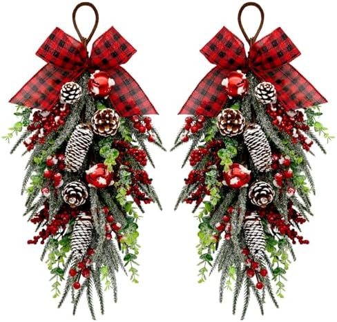 nuvagiki Christmas Teardrop Swag Decorations, Christmas Teardrop Wreath Artificial Bells Pinecones Berries Hanging Decor, Red Checked Bow Swag Decorations for Front Door Mantle Wall Indoor Home Decor