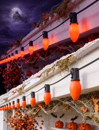 SUNSGNE C9 LED Halloween Orange String Lights 25FT Outdoor String Lights with 27 0.6W LED Plastic Bulbs(2 Spare) for Patio Garden Roofline Backyard Decorations, Black Wire