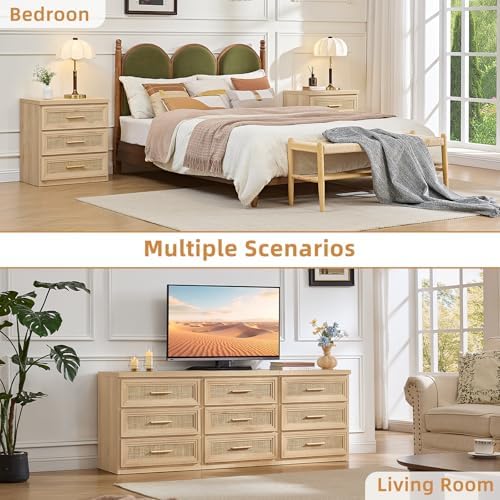 RWYHG Rattan Night Stand 3 Drawer Storage 26" Tall Wood with Gold Handle