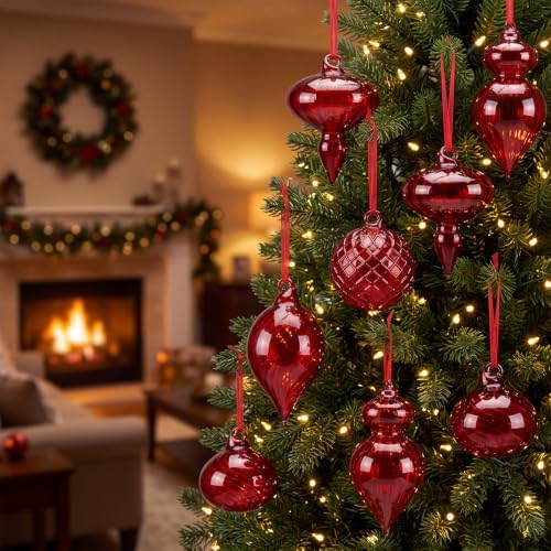 Hungdao 14pcs Vintage Christmas Ornaments Retro Glass Balls, Red